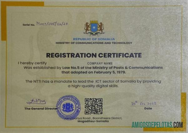 Somalia Registration Certificate amostra